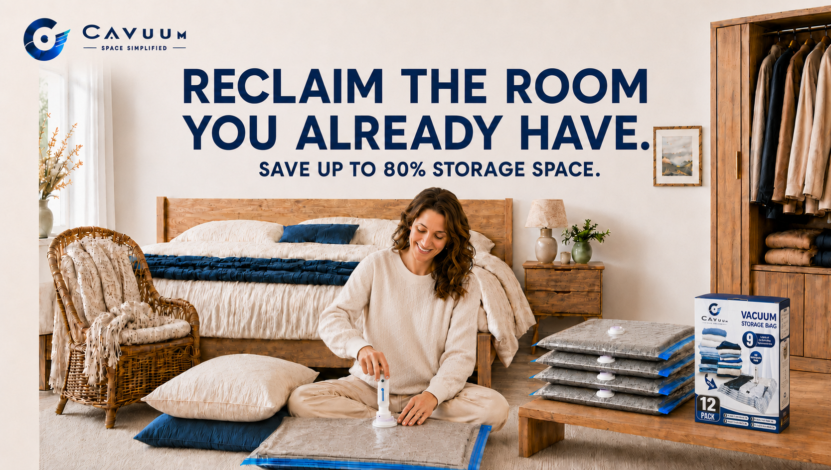 CAVUUM vacuum storage bags compressing bulky bedding with the rechargeable electric pump