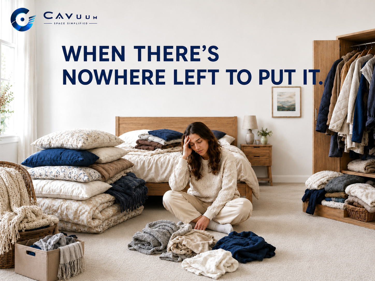 A woman feeling overwhelmed by bulky bedding and clothing filling her bedroom